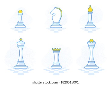 Set of figures for chess. King, queen and rook, bishops, knights and pawn. Board logic game, horizontal bar between two rivals. Session of strategy board game. Flat cartoon objects.