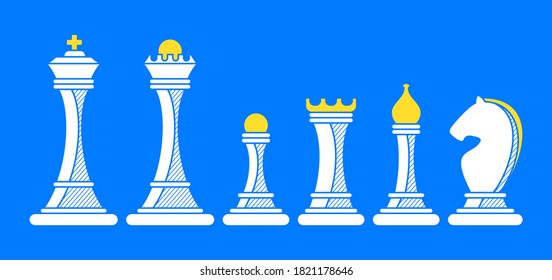 Set of figures for chess. King, queen and rook, bishops, knights and pawn. Board logic game, horizontal bar between two rivals. Session of strategy board game. Flat cartoon objects.
