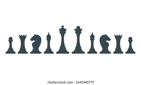 Set of figures for chess. series of chess pieces. series of chess pieces. King, queen and rook, bishops, knights and pawn. Strategy logic board game. Flat cartoon objects isolated on white background.