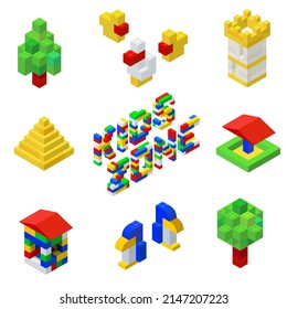 A set of figures for the children area from multi-colored plastic blocks in the isometric style for printing, games and education. Vector illustration.