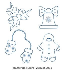 Conjunto de figuras para colorear .Gingerbread man, campana, mitones y bayas con hojas (poinsettia).