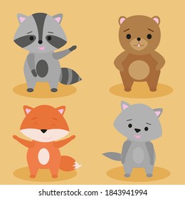 A set of figures of cute animals: raccoon, fox, bear, wolf. Vector nature of forest animals, great for scrapbook