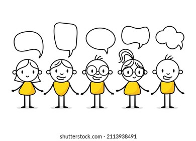 Set of figures with dialogue speech bubbles. Hand drawn doodle man. Business icons with funny stickman. Vector stock illustration.
