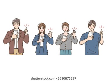 Set of figures holding a cell phone and making a good sign