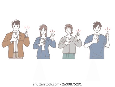 Set of figures holding a cell phone and making a good sign