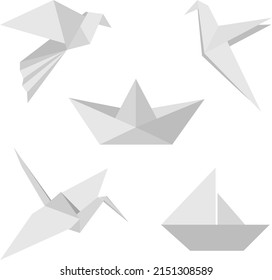 Set of figures made of white paper: a boat, a crane, a boat with a sail, a dove. Origami. Vector image in flat style.