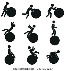 a set of figures of a man with a big ball, a man rolling a ball, falling off the ball, sitting and standing on the ball. Icons, silhouettes of a person in the form of a figurine, pictograms