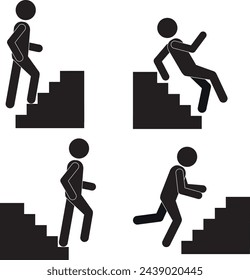 a set of figures of a man climbing the stairs, a man falling down the steps, a man sitting on the steps. Icons, silhouettes of a person in the form of a figurine, pictograms. Flat vector illustration