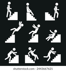  a set of figures of a man climbing the stairs, a man falling down the steps, a man sitting on the steps. Icons, silhouettes of people in the form of figures, pictograms. Isolated on a black backgroun