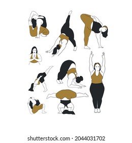 Conjunto de cifras si más mujer grande hace yoga. Asana. Fitness y stretching. Silueta de contorno hembra dibujada a mano. La mente de la meditación. Concepto espiritual. 