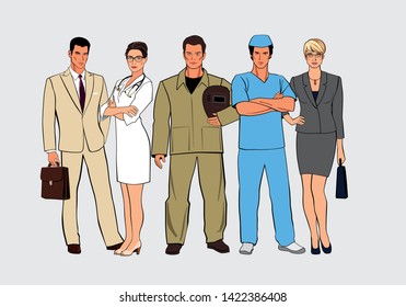 A set of figures of various professions. Men and women in different uniforms stand together. Vector drawn graphics