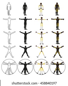 Set Of Figures Vitruvian Man In Different Positions, Vector