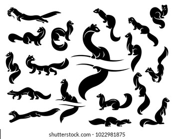 A set of figures of weasels, martens, ferrets. Black silhouette. Isolated on a white background.