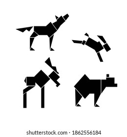 Set figures of wild animals: wolf, hare, fox, bear, elk, wild boar. Black silhouettes isolated on white background. Vector geometric stock icons or logos.
