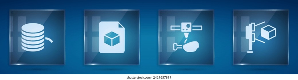 Set Filament for 3D printer, Isometric cube file, chicken leg and scanner with. Square glass panels. Vector