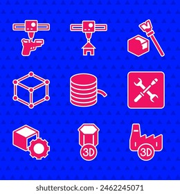 Conjunto de filamento para impresora 3D, industria de la imprenta, configuración, cubo isométrico e icono de arma. Vector