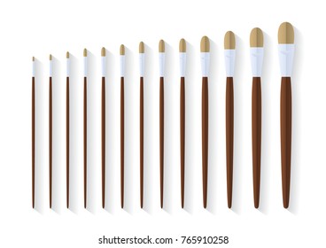 set of filbert paint brush stationary, collection of color painting accessory, artist tools, vector illustration