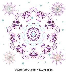 Set of file blue and violet snowflakes and dots on a white background. Starry Sky. Vector falling snow set.