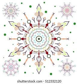 Set of file brown and green snowflakes and dots on a white background. Starry Sky. Vector falling snow set.
