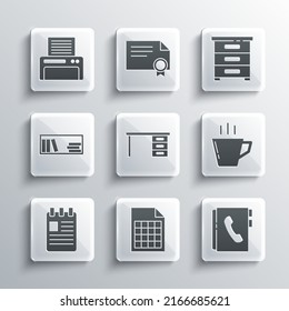 Set File document, Address book, Coffee cup, Office desk, Spiral notebook, Shelf with books, Printer and Drawer documents icon. Vector