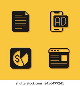 Set File document, Advertising, Market analysis and  icon with long shadow. Vector