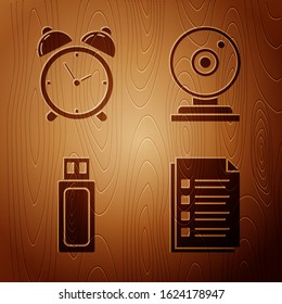 Set File document, Alarm clock, USB flash drive and Web camera on wooden background. Vector