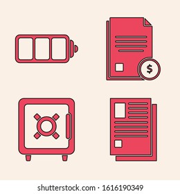 Set File document, Battery charge level indicator, Finance document and Safe icon. Vector