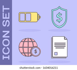Set File document, Battery charge level indicator, Earth globe with dollar symbol and Shield with dollar symbol icon. Vector