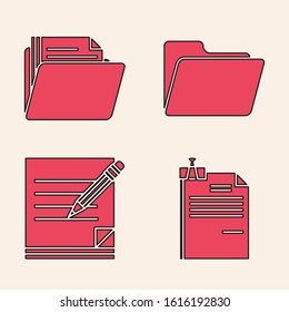 Set File document and binder clip, Document folder, Document folder and Blank notebook and pencil with eraser icon. Vector