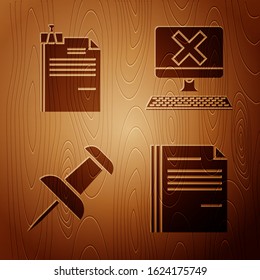 Set File document, File document and binder clip, Push pin and Computer with keyboard and x mark on wooden background. Vector