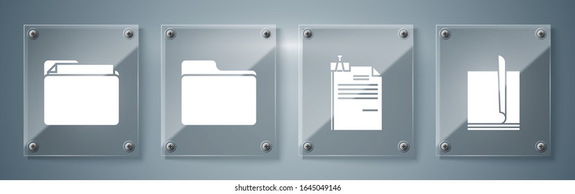 Set File document, File document and binder clip, Document folder and Document folder. Square glass panels. Vector