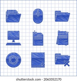 Set File document and binder clip, Delete folder, Scotch, Computer monitor with keyboard, Document and  icon. Vector