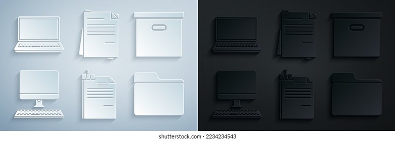 Set File document and binder clip, Carton cardboard box, Computer monitor with keyboard, Document folder,  and Laptop icon. Vector