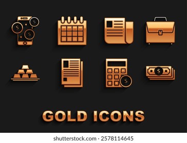 Set File document, Briefcase, Stacks paper money cash, Calculator with dollar symbol, Gold bars, Smartphone and Calendar icon. Vector