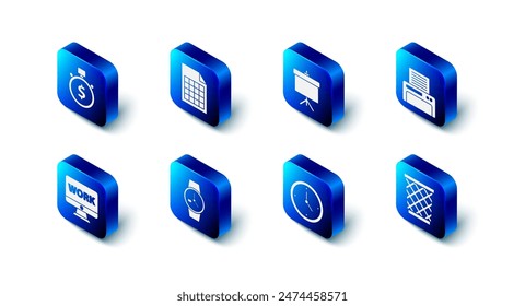 Set File document, Chalkboard with diagram, Printer, Trash can, Clock, Wrist watch, Monitor text work and Time money icon. Vector