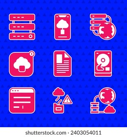 Set File document, Cloud technology data transfer, Network cloud connection, Hard disk drive HDD, Browser window,  and Server, Data, Web Hosting icon. Vector