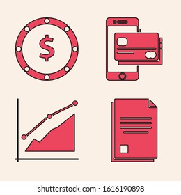 Set File document, Coin money with dollar symbol, Mobile phone and credit card and Pie chart infographic icon. Vector