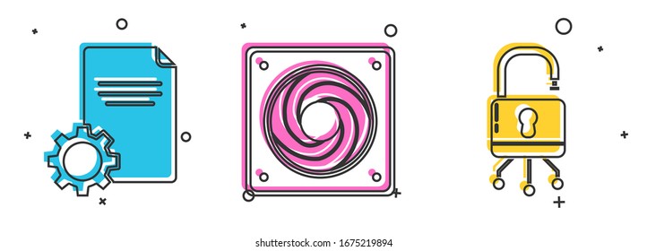Set File document, Computer cooler and Lock on digital circuit board icon. Vector