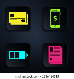 Set File document, Credit card, Battery charge level indicator and Smartphone with dollar symbol. Black square button. Vector