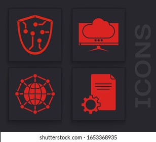 Set File document, Cyber security, Computer monitor screen and Global technology or social network icon. Vector