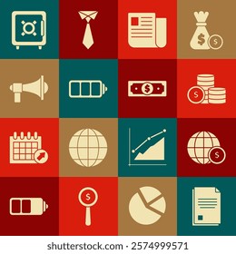 Set File document, Earth globe with dollar symbol, Coin money, Battery charge level indicator, Megaphone, Safe and Stacks paper cash icon. Vector