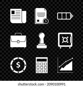 Set File document, Finance, Battery charge level indicator, Coin money with dollar symbol, Calculator, Pie chart infographic, Briefcase and Stamp icon. Vector
