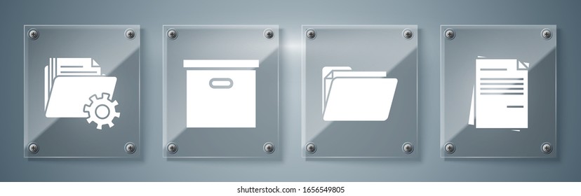 Set File document, Document folder, Carton cardboard box and Folder settings with gears. Square glass panels. Vector