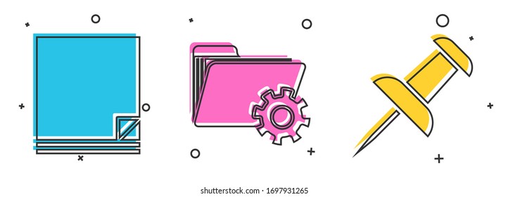 Set File document, Folder settings with gears and Push pin icon. Vector