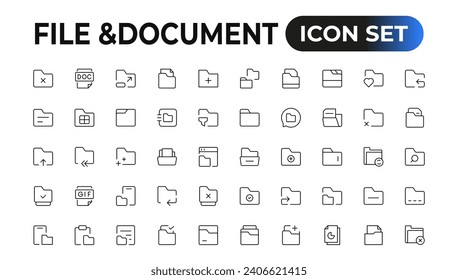 Conjunto de iconos de archivo y documento. Paquete de iconos de estilo de arte de línea simple. Ilustración vectorial.
