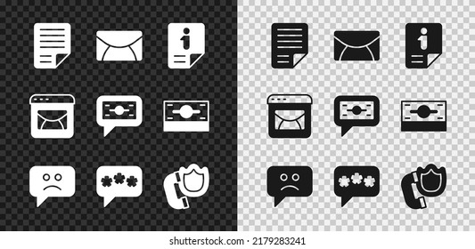 Set File document, Mail and e-mail, Information, Sad smile, Speech bubble chat, Telephone handset with shield,  and Stacks paper money cash icon. Vector