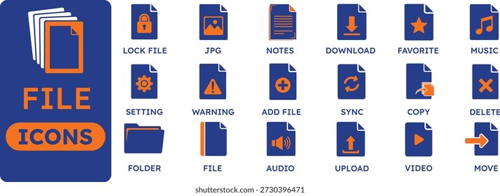 Conjunto de iconos de administración de archivos y documentos que incluyen Cargar, Descarga, bloqueo, sincronización, carpeta y tipos de archivos multimedia para el diseño de la interfaz