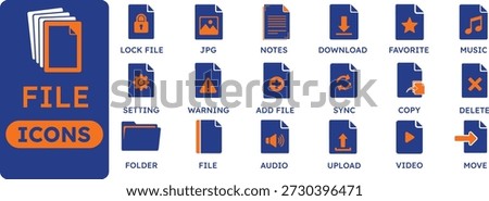 set of file and document management icons including upload, download, lock, sync, folder, and media file types for interface design