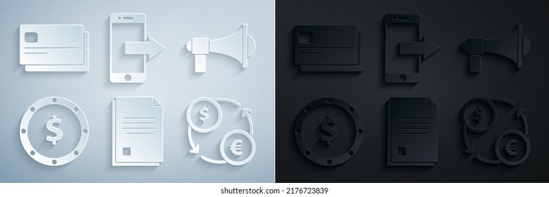 Set File document, Megaphone, Coin money with dollar symbol, Money exchange, Smartphone, mobile and Credit card icon. Vector