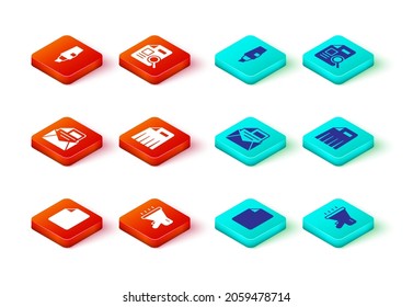 Establecer documento de archivo, megáfono, correo y correo electrónico, triturador de papel, documento con gráfico de gráficos e icono de lápiz de marcadores. Vector